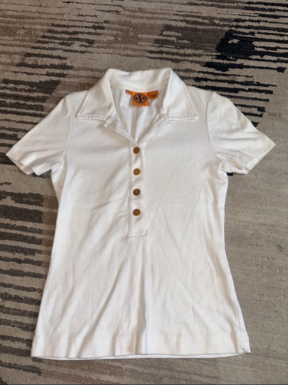 Tory Burch White Short Sleeve Polo with Gold-Tone Buttons size small